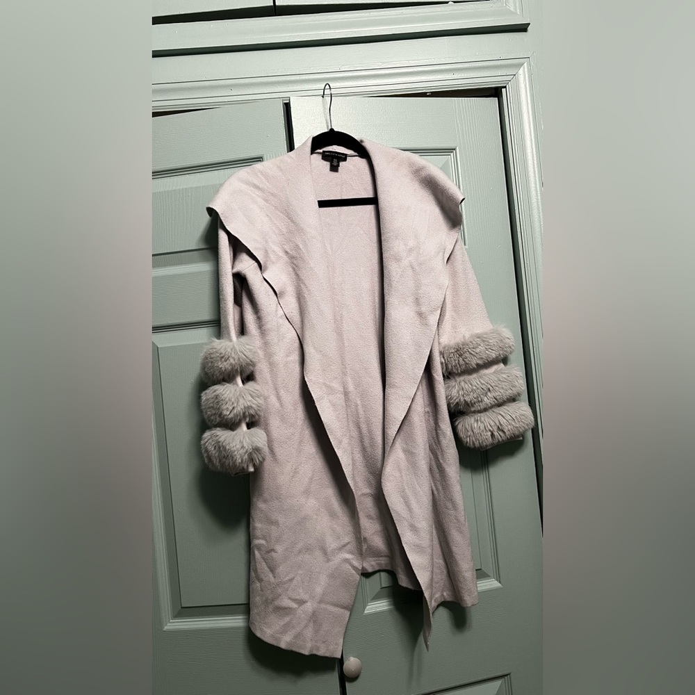 Saks Fifth Avenue Gray Coat with Fur Trim